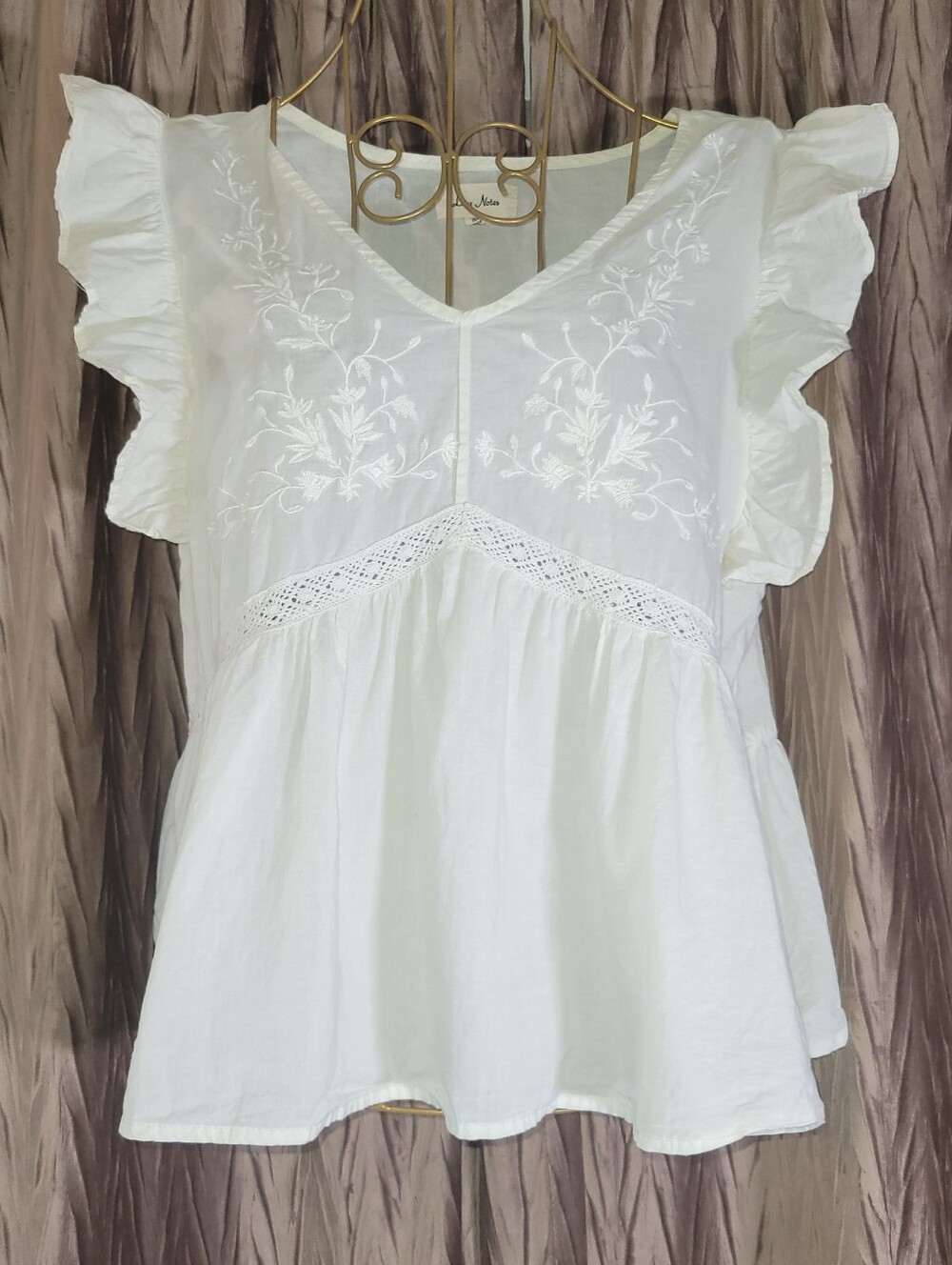 Love Notes 100% Cotton Embroidered Boho Ruffle Babydoll Top Blouse M